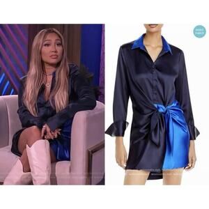 Aqua Color Block Tie Wrap Satin Mini Dress Size Small Black Blue MSRP $78